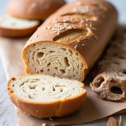 Ein längliches Dinkel-Vollkornbrot, in Scheiben geschnitten.
