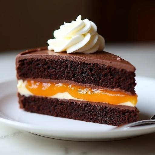 Ein Stück Sachertorte mit einem Klecks Sahne.